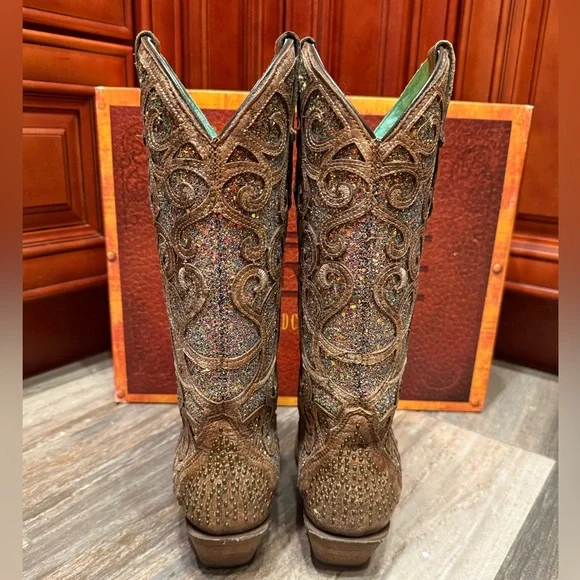 Corral Boots C3467 Cognac Purple Glitter Inlay Stud Cowboy Rodeo Cowgirl Boots 7